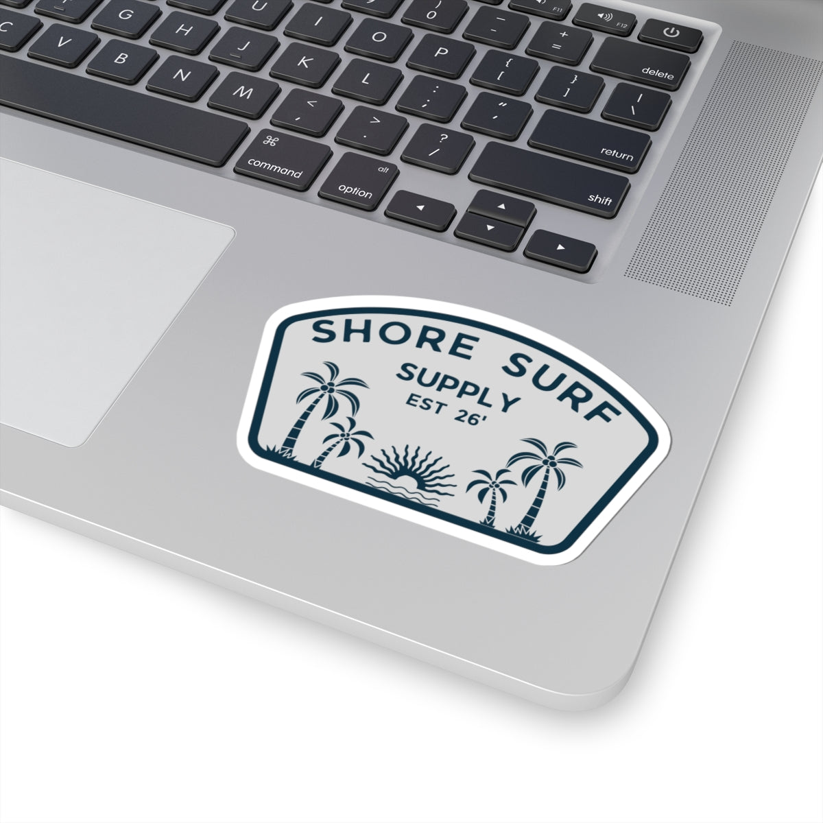 Shore Surf Supply Kiss-Cut Sticker — Palm Trees & Sunset Laptop Decal